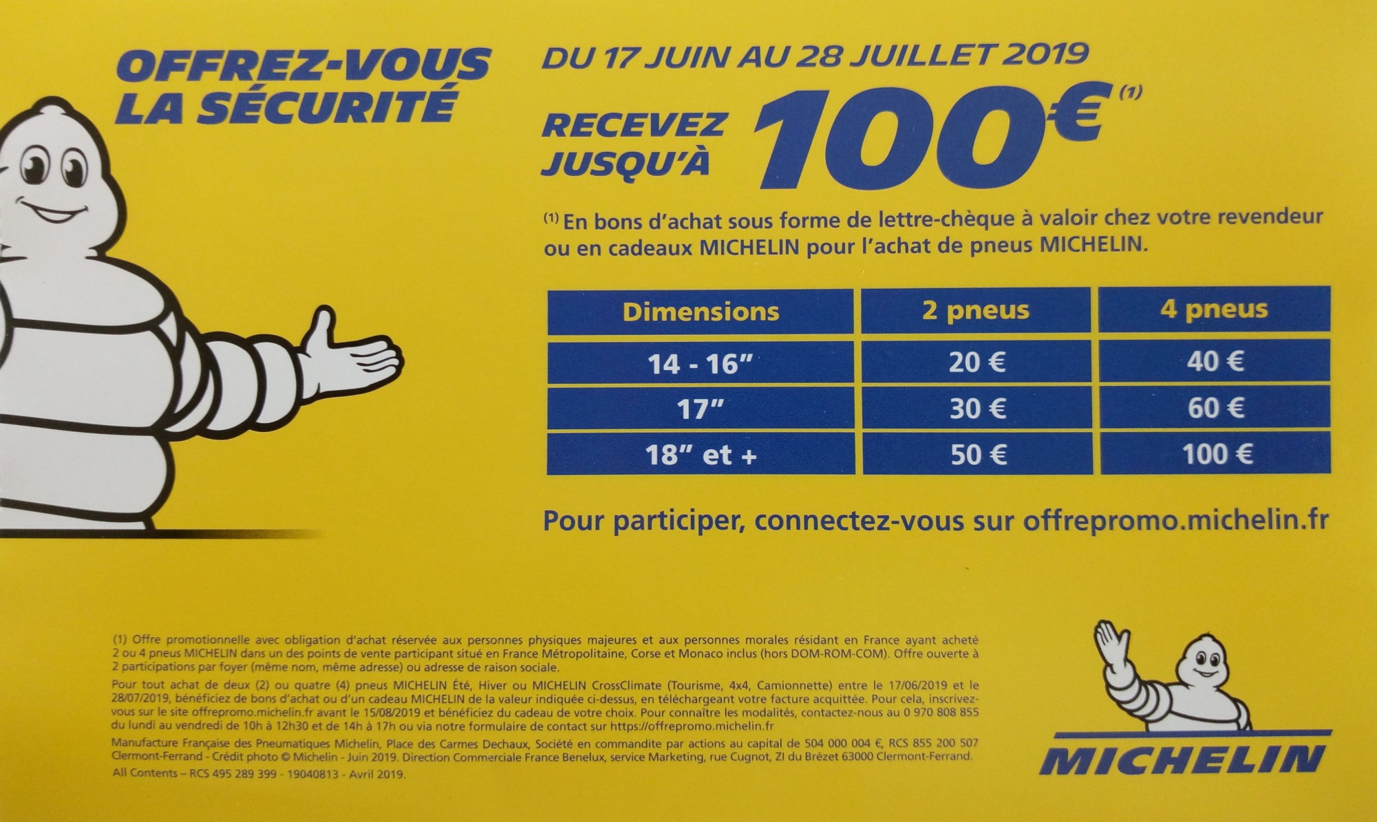Promotion sur les pneus Michelin 100€ offert